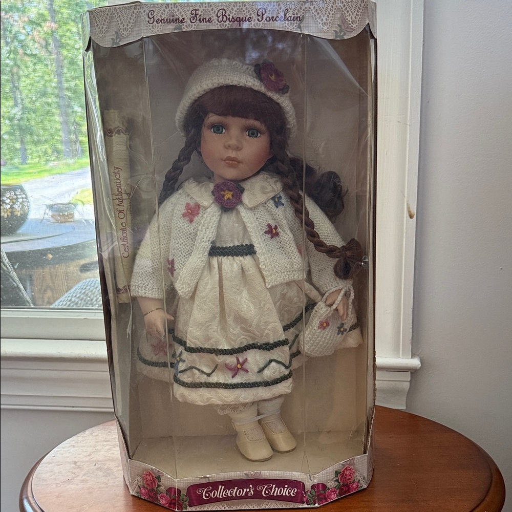 Porcelain Doll with Cream and Purple Outfit
